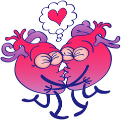 Couple of human hearts falling in love while kissing passionately. They're clenching their eyes, hugging, touching their lips and raising a leg each. They show a cartoon heart in a thought bubble