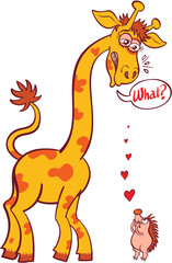 Tiny hedgehog making a bold declaration of love to a tall giraffe. The giraffe feels surprised and scared and exclaims "What?" in a speech bubble. Red hearts try to reach the giraffe's ears