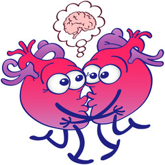Human hearts thinking too much when kissing. They're opening eyes, hugging, touching their lips and raising a leg each. They show a cartoon brain in a thought bubble when looking surprised and dubious