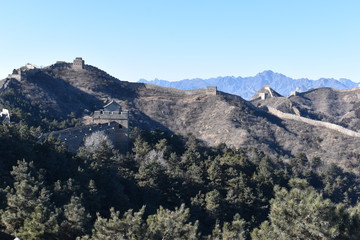 Panorama of the Great Wall in Jinshanling in winter with green trees in front near Beijing in China
