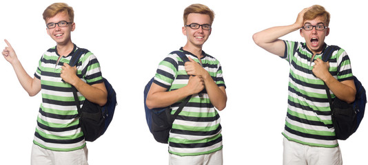 Young student with backpack isolated on white 