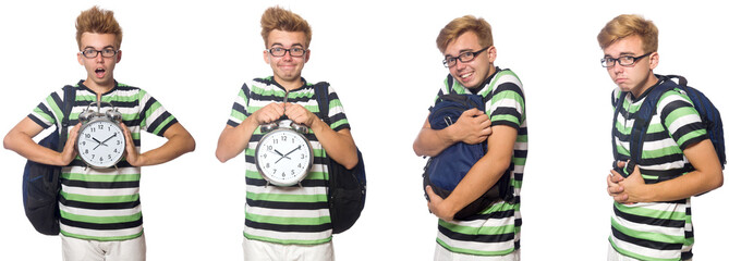 Young student with alarm-clock in time management concept 