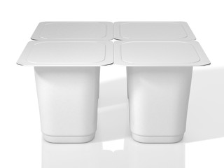 Four plastic cups for yoghurt with foil lid. 3D Illustration. 