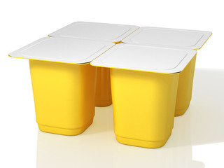 Four yellow plastic cups for yoghurt with foil lid. 3D Illustration.