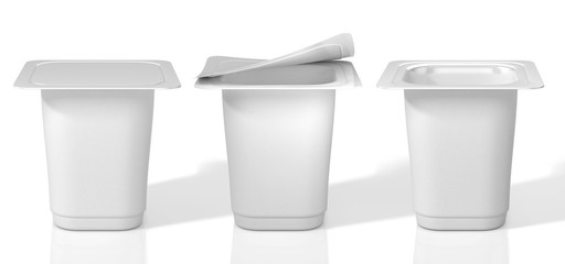 Three plastic cups for yoghurt with foil lid. 3D Illustration.