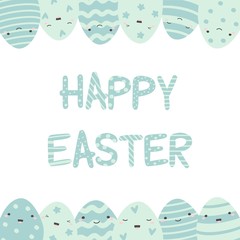 Easter eggs composition hand drawn colorful on white background. Decorative horizontal stripe from eggs with lettering Happy Easter. Kawaii style. Vector illustration.