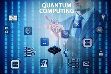 Businessman pressing virtual button in quantum computing concept