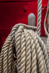 the rope of an old wooden boat