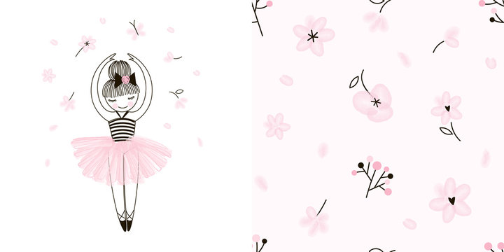 Girlish Ballet themed graphic set with Little cute cartoon dancing ballerina illustration and seamless gentle floral pattern. Doodle linear drawing. Pink colour. Perfect for baby girl fabric, textile