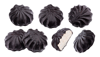 Chocolate covered marshmallows, traditional russian zephyr in chocolate isolated on white background