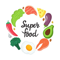 Super food - hand drawn lettering. Round frame of natural vegetables, nuts and other healthy foods. Keto nutrition. Ketogenic diet