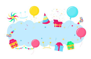 Horizontal holiday banner for party, birthday, greeting, invitation card. Box with gifts, balls, striped hat, confetti, pinwheel, noisemaker.