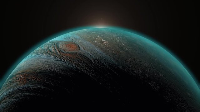 Rising sun behind Jupiter planet in space. Universe, solar system's giant, beautiful planet is rotating. 