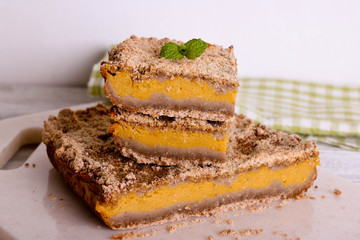 Slice of streusel pumpkin pie