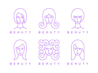 thin line girl head, woman face, beauty logo