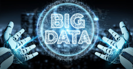 White humanoid hand using Big Data digital hologram 3D rendering