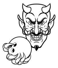 A devil cartoon character sports mascot holding a ten pin bowling ball