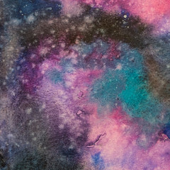 Watercolor painting space background, Abstract galaxy watercolor hand painting,Cosmic nNight with star textured background