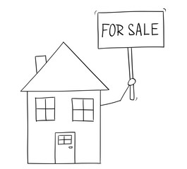 Cartoon vector conceptual drawing of family house holding for sell sign .