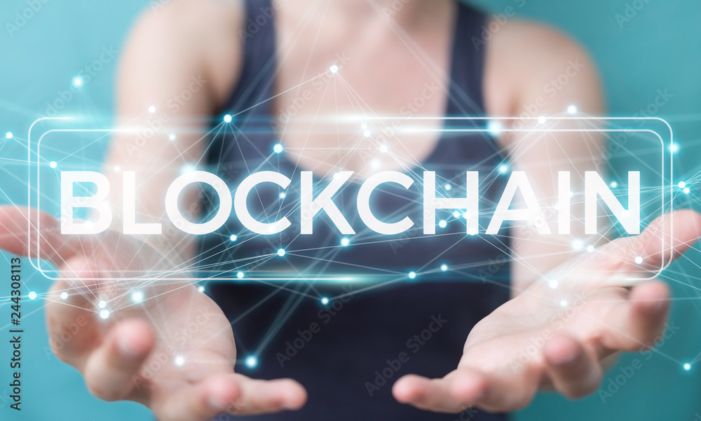 Poster Businesswoman using blockchain cryptocurrency interface 3D rendering