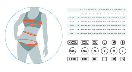The sizes of female linen. Lingerie sizes. Vector illustration of the dimensions of a female body. The sizes of a female waist, hips, a breast. Can be used for sizes female linen, clothes