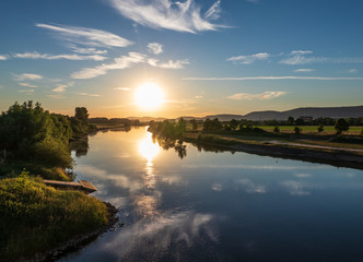 The sunset over river Weser in Germany