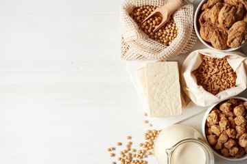 Soy products isolated on white background, from above