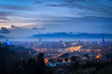 Fototapeta na wymiar Turin high definition skyline with Mole Antonelliana and Alps