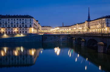 Turin view on Piazza Vittorio and Mole Antonelliana at twilight