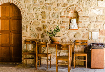 Kalambaka, Greece - June 10, 2018: A group of Orthodox monasteries Meteora, near the town of Kalambaka at the northwestern edge of the Plain of Thessaly.