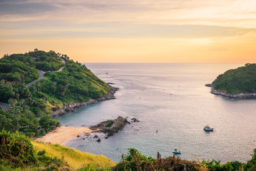 Yanui beach and Promthep cape in Phuket and sunset background