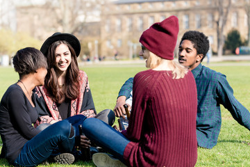 Group of multi ethnic friends sitting on grass enjoying in the park