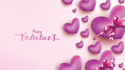 Happy Valentines Day greeting card with pink and purple heart balloon ribbon. Love background concept suitable for copy space text Wallpaper, flyers, invitation, posters, brochure, banners