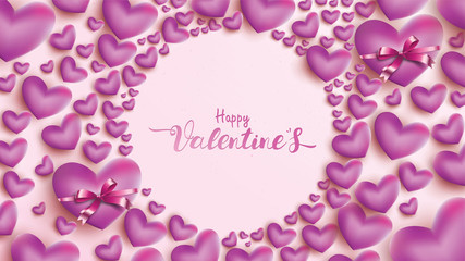 Happy Valentines Day greeting card with pink and purple heart balloon ribbon shape circle. Love background concept suitable for copy space text, flyers, invitation, posters, brochure, banners