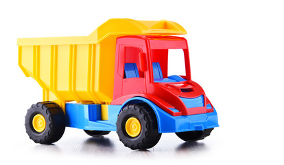 Colorful plastic truck toy isolated on white