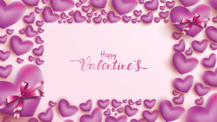 Fototapeta na wymiar Happy Valentines Day greeting card with pink and purple heart balloon ribbon. Love background concept suitable for copy space text Wallpaper, flyers, invitation, posters, brochure, banners