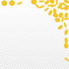 Chinese yuan coins falling. Scattered small CNY co