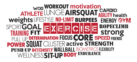 Red and black exercise word cloud