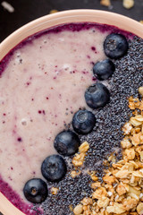 Homemade smoothie with fresh blueberries. flat lay. close up cropped shot