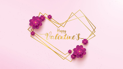 Happy Valentines Day greeting card with pink and purple flower rose. floral background concept with line strip geometric suitable for copy space text , flyers, invitation, posters, brochure, banners