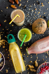 colorful fruit milkshakes.top view photo. beverage and drink for good mood. tasty treat