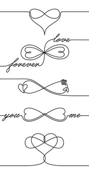 Single line drawing endless love icons, one line Valentines day holiday infinite love symbol, creative synthesis of infinity sign and heart shape in a line art style, forever lasting love concept