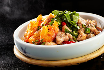 Delicious Chinese Sichuan cuisine, spicy fried frog shrimp
