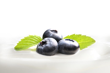 Plain yogurt with fresh blueberries on top isolated on white background