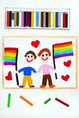 Colorful drawing: Happy gay couple with lgbt flag