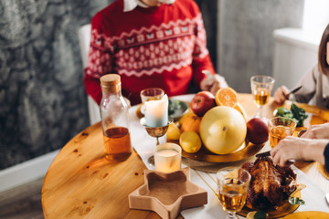 wooden table is full of yummy homemade food. closeup shot