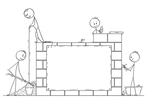 Cartoon stick drawing conceptual illustration of group of masons or bricklayers building a wall or house from bricks or stone blocks. There is empty sign for your text.