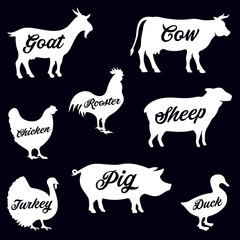 Set of butchery logo. Farm animals silhouettes collection for groceries, meat stores, packaging and advertising. Beef, pork, chicken, milk labels.