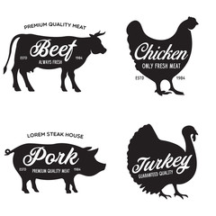 Farm animals icons set. Collection of labels with beef, chicken, pork, turkey, butcher shop, steak house.
