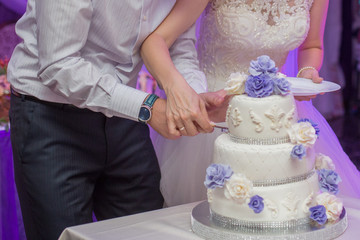 the bride and groom cut the wedding cake with a knife